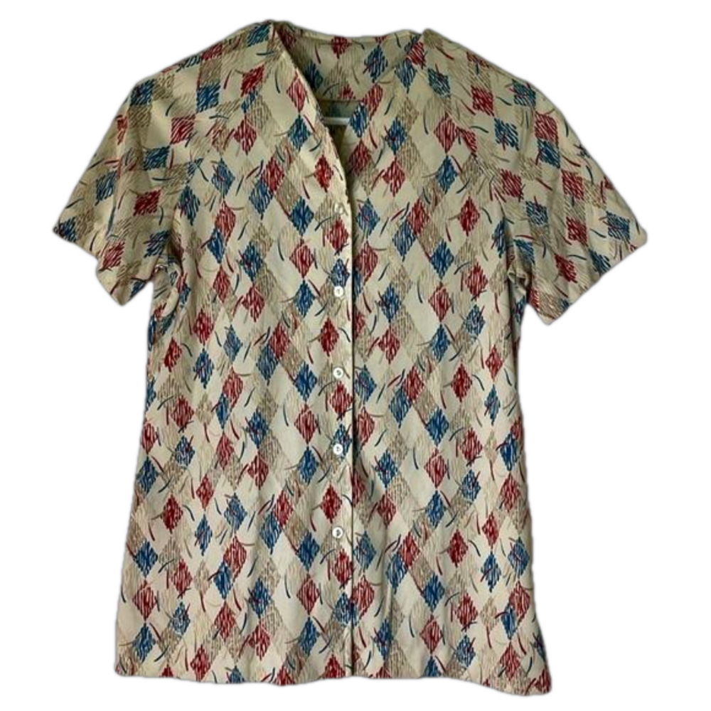 Diamond Pattern Design Button Front Blouse, Women’s S, Red Blue Cream